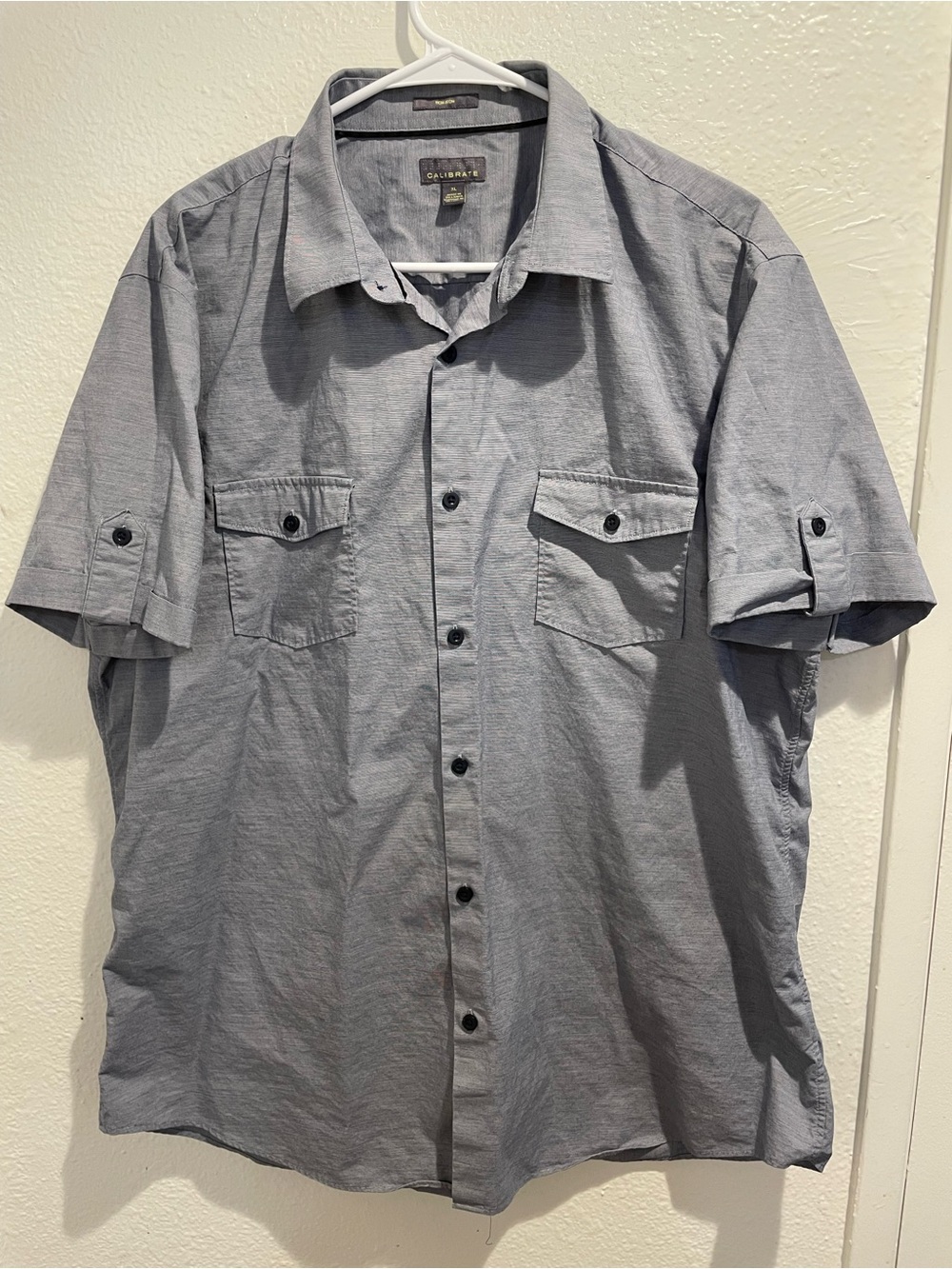 Calibrate Mens XL Non-Iron Striped Short Sleeve Utility Button Up Shirt Gray